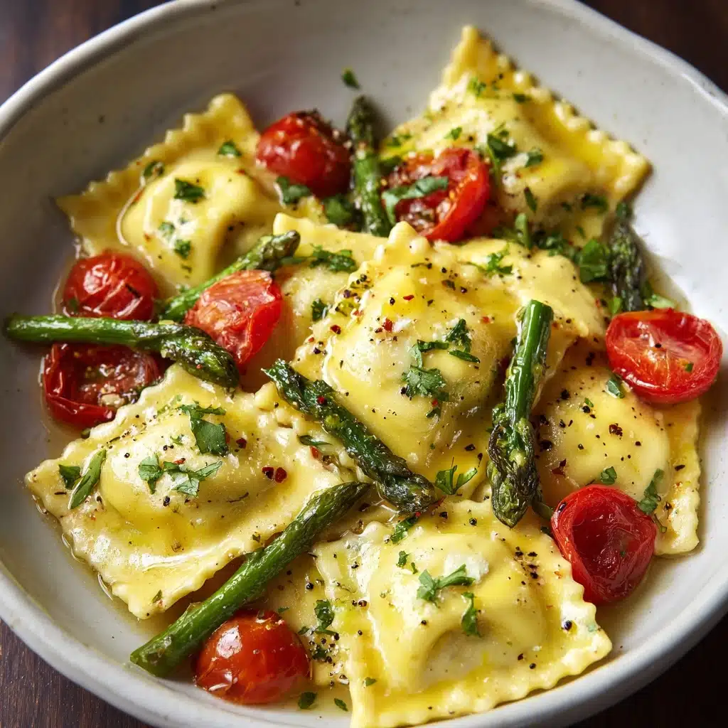 Ravioli with Tomatoes, Asparagus, Garlic, and Herbs Recipe