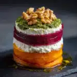 Sweet Potato & Beet Stacks with Pesto, Burrata & Walnuts Recipe