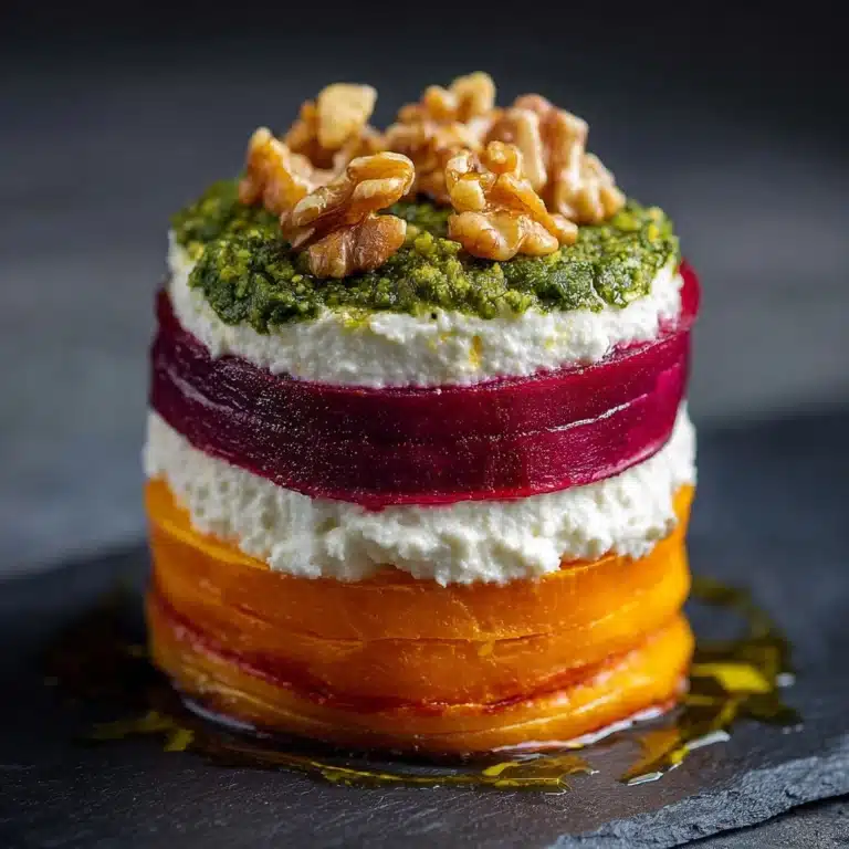 Sweet Potato & Beet Stacks with Pesto, Burrata & Walnuts Recipe