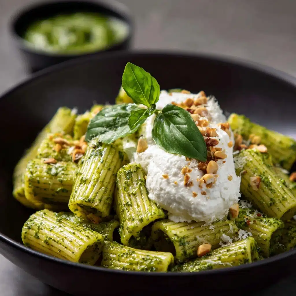 Creamy One Pot Rigatoni with Basil-Pistachio Pesto & Burrata Recipe - Recipe Image