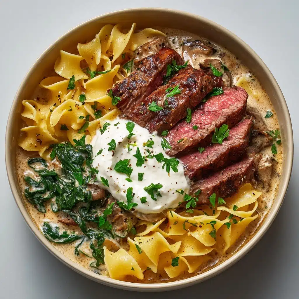 Garlic Butter Steak with Egg Noodles and Spinach Salad Recipe - Recipe Image