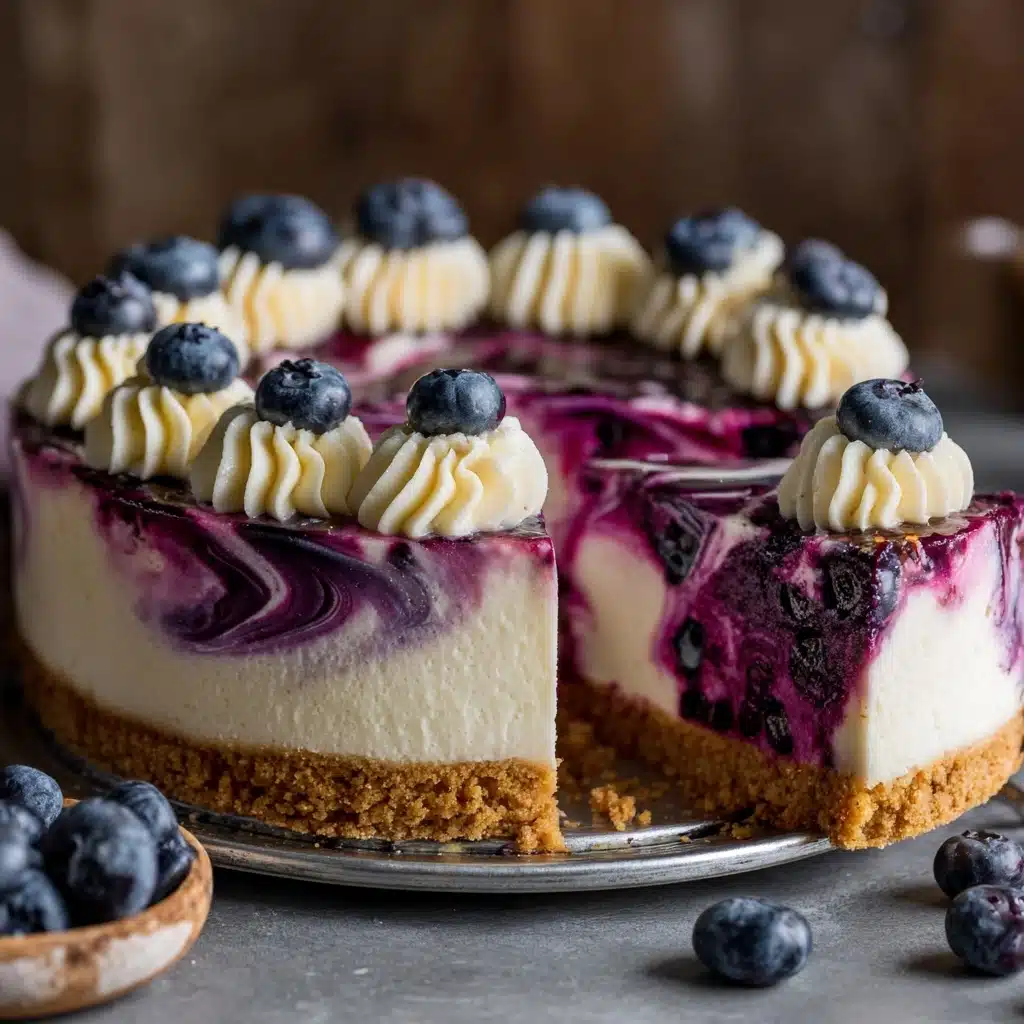Elegant White Chocolate Blueberry Swirl Cheesecake Recipe - Recipe Image