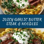 Garlic Butter Steak with Egg Noodles and Spinach Salad Recipe