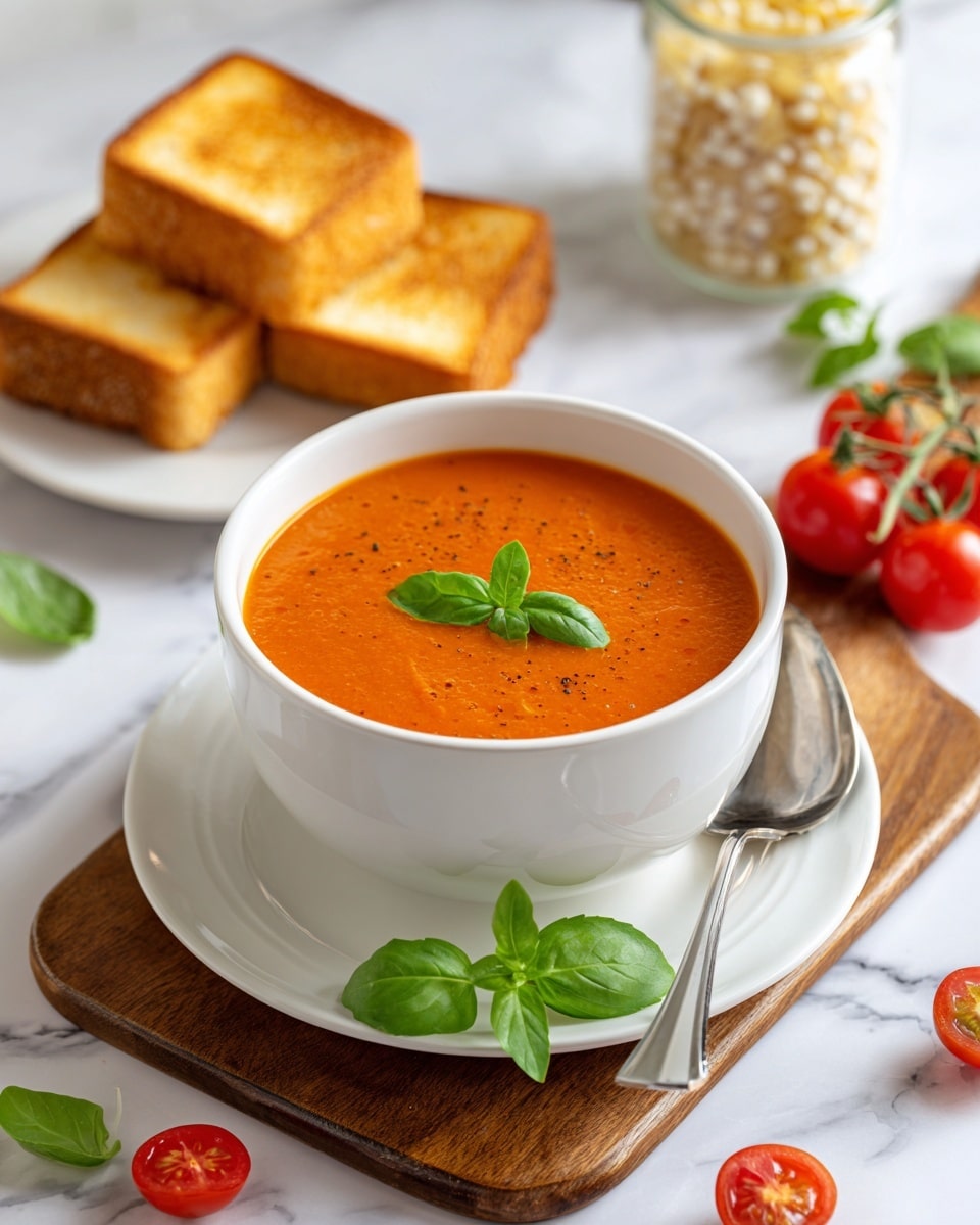 Tomato Basil Soup with Grilled Cheese Croutons Recipe - Recipe Image