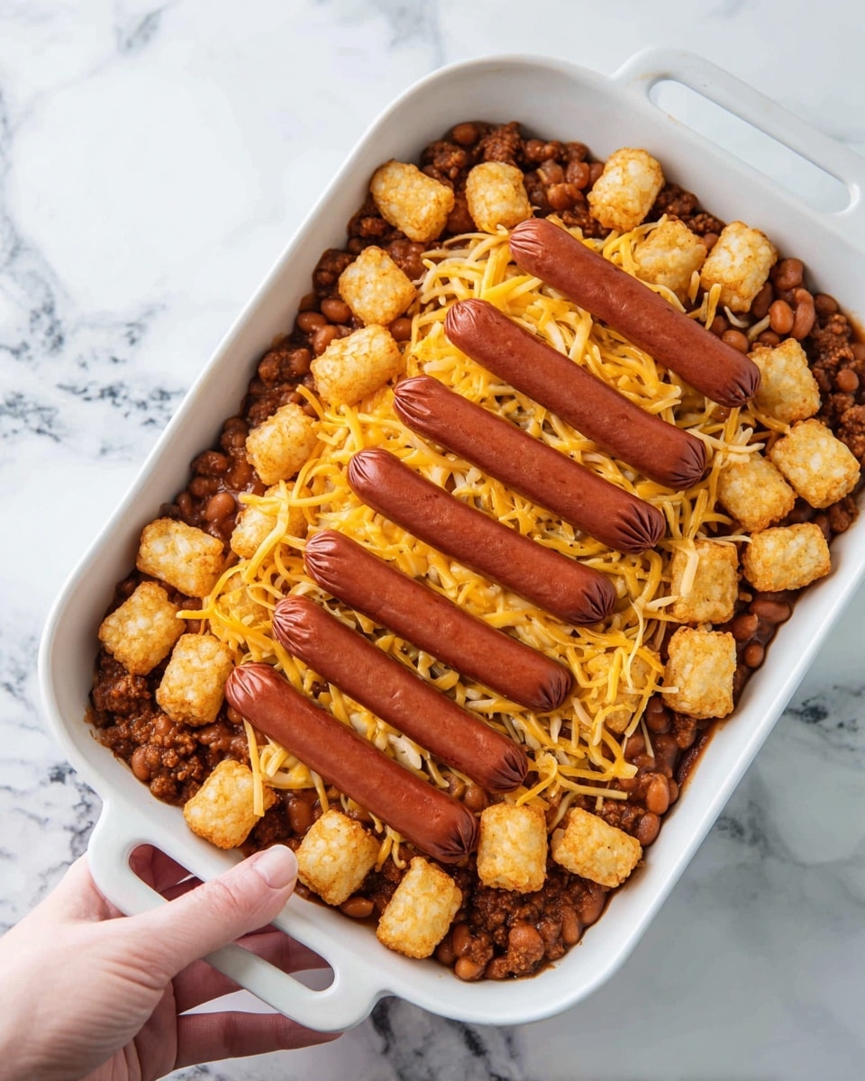 Cheesy Hot Dog Tater Tot Casserole Recipe - Recipe Image