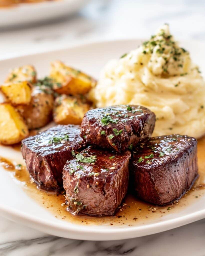 Garlic Butter Steak Bites with Cheesy Smashed Potatoes Recipe