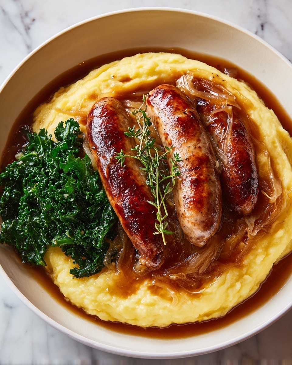 Sausages with Homemade Onion Gravy Recipe - Recipe Image