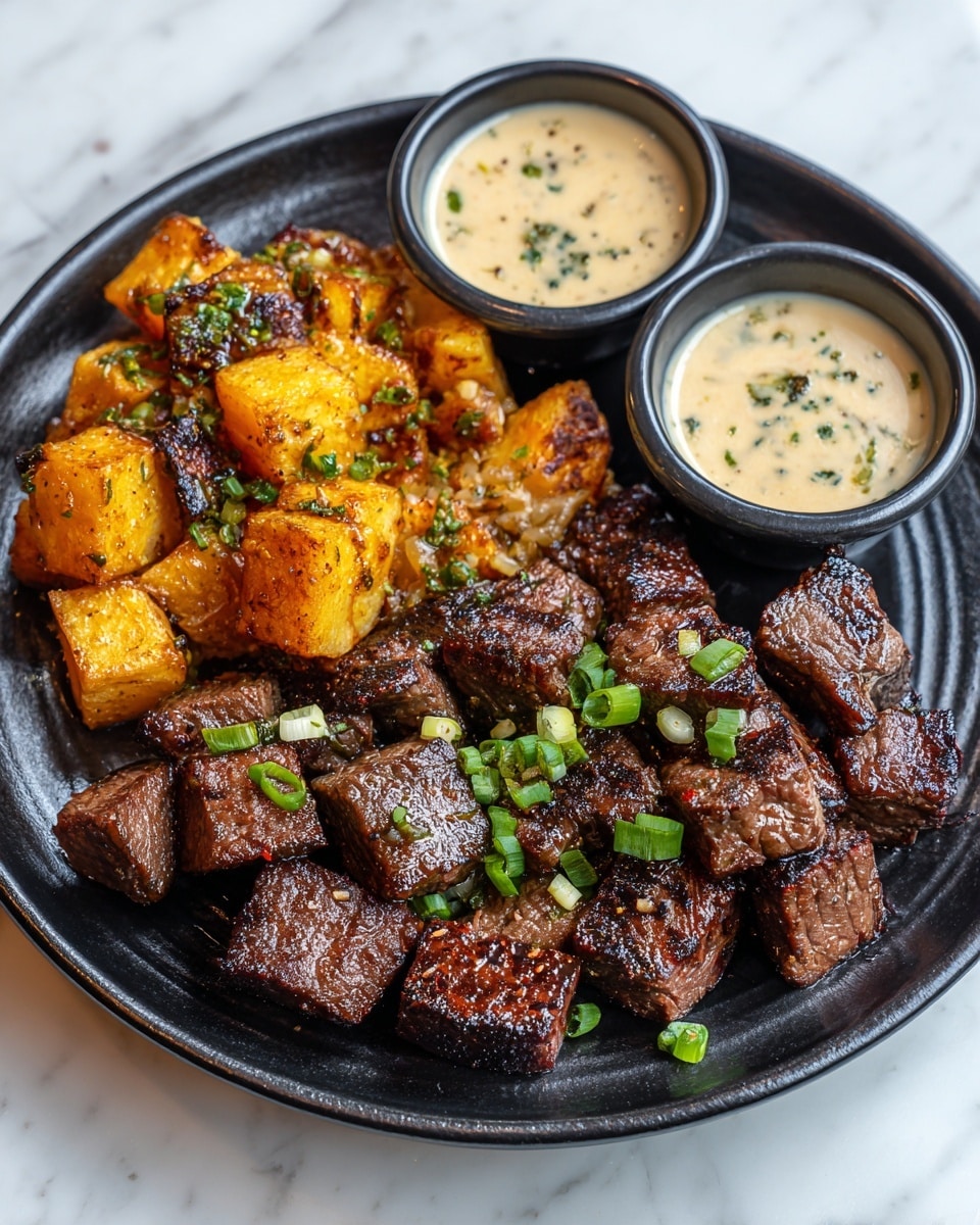 Garlic Butter Steak Bites with Smashed Potatoes Recipe - Recipe Image
