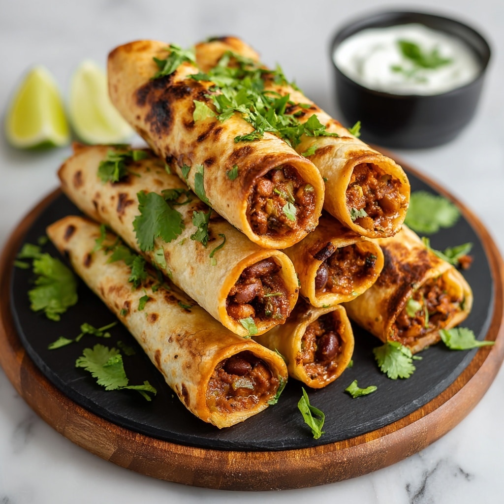 Bean & Cheese Taquitos with Green Chile Sour Cream Sauce Recipe - Recipe Image