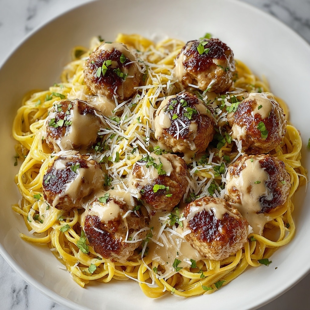 Easy Garlic Butter Meatballs Served Over Creamy Parmesan Linguine Recipe