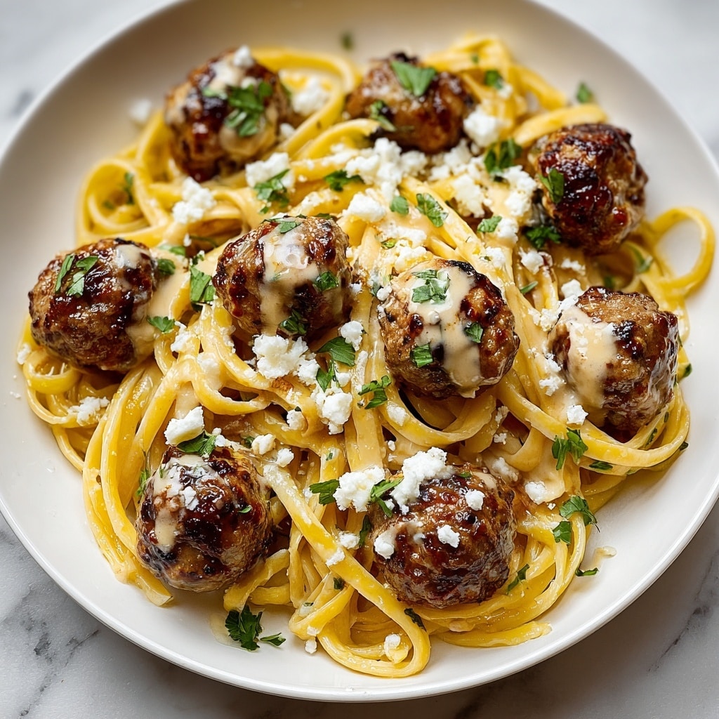 Easy Garlic Butter Meatballs Served Over Creamy Parmesan Linguine Recipe - Recipe Image