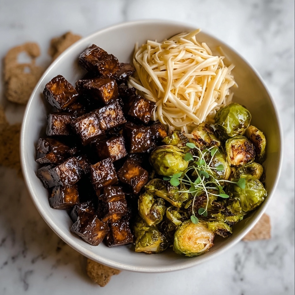 Pan-Fried Sticky Garlic Tofu with Oven-Roasted Brussels Sprouts Recipe - Recipe Image