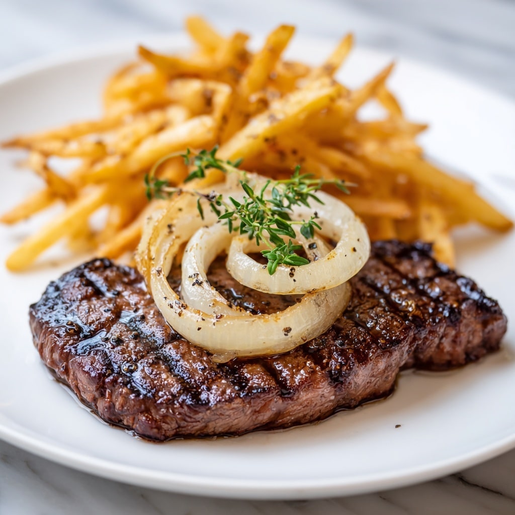 Ribeye Steak with French Onions and French Fries Recipe - Recipe Image