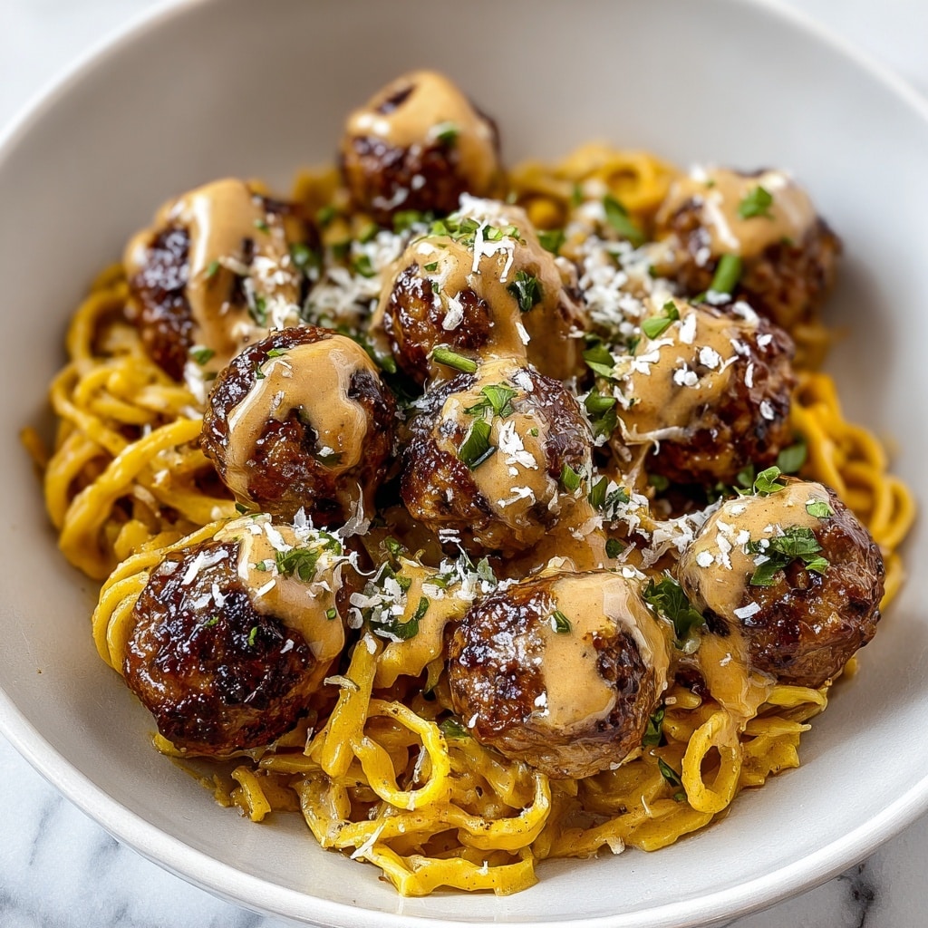 Easy Garlic Butter Meatballs Served Over Creamy Parmesan Linguine Recipe - Recipe Image