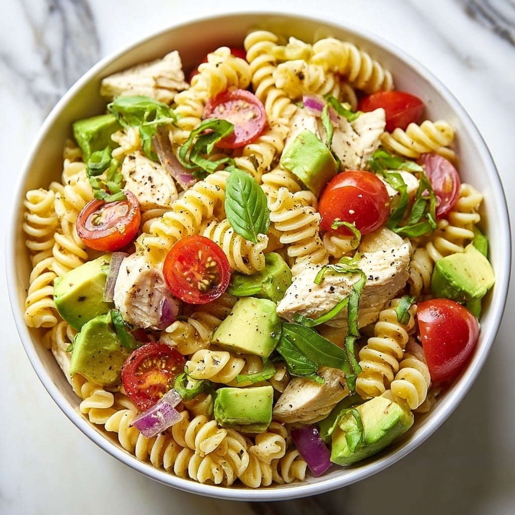 Healthy Chicken Pasta Salad with Avocado and Cherry Tomatoes Recipe - Recipe Image