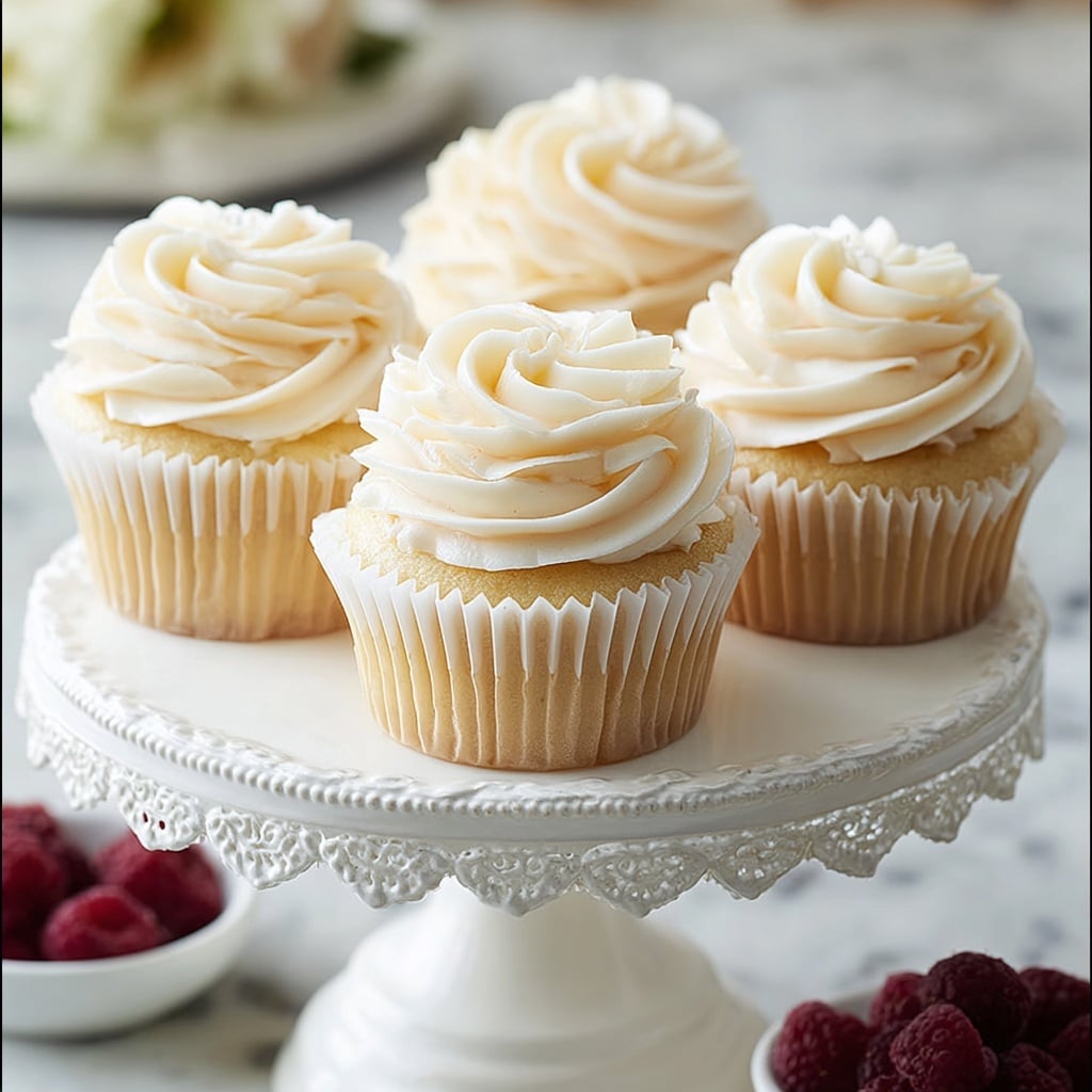 Almond Wedding Cake Cupcakes with Raspberry Filling Recipe - Recipe Image