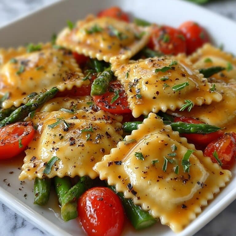 Ravioli with Tomatoes, Asparagus, Garlic, and Herbs Recipe