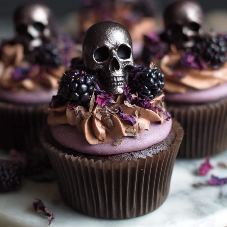 Vegan Halloween Cupcakes with Blackberry Coulis and Chocolate Skull Toppers Recipe