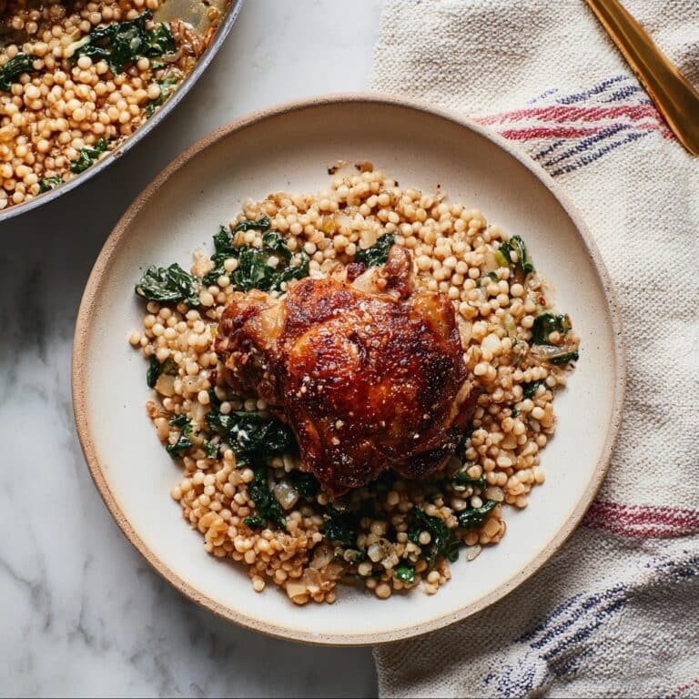One Pan Creamy Boursin Chicken with Pearl Couscous and Kale Recipe