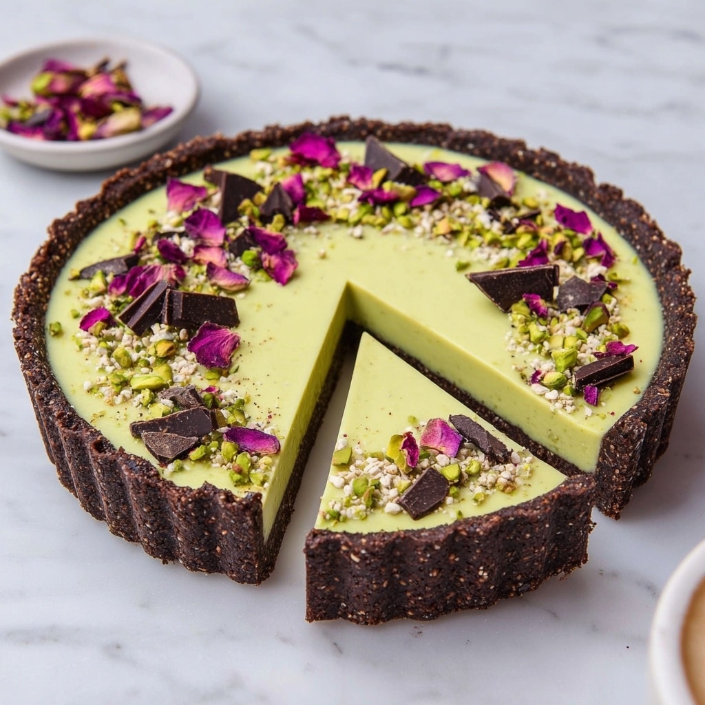 Vegan Pistachio Tart with Chocolate, Rose Petals, and Buckwheat Crust Recipe - Recipe Image