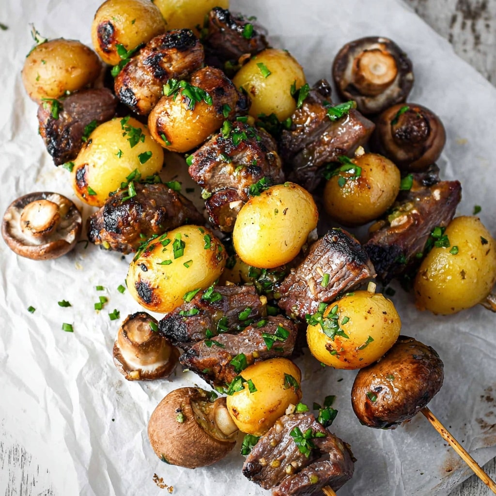 Grilled Steak Potato Mushroom Kabobs Recipe - Recipe Image