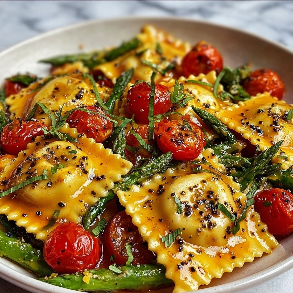 Ravioli with Tomatoes, Asparagus, Garlic, and Herbs Recipe - Recipe Image