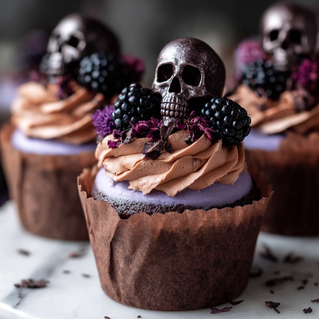 Vegan Halloween Cupcakes with Blackberry Coulis and Chocolate Skull Toppers Recipe - Recipe Image