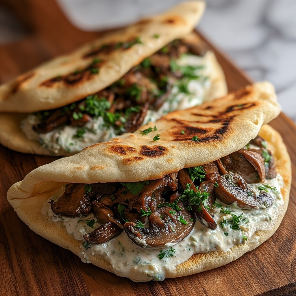 Cheesy Beef and Mushroom Pita Pockets with Tzatziki Sauce Recipe - Recipe Image