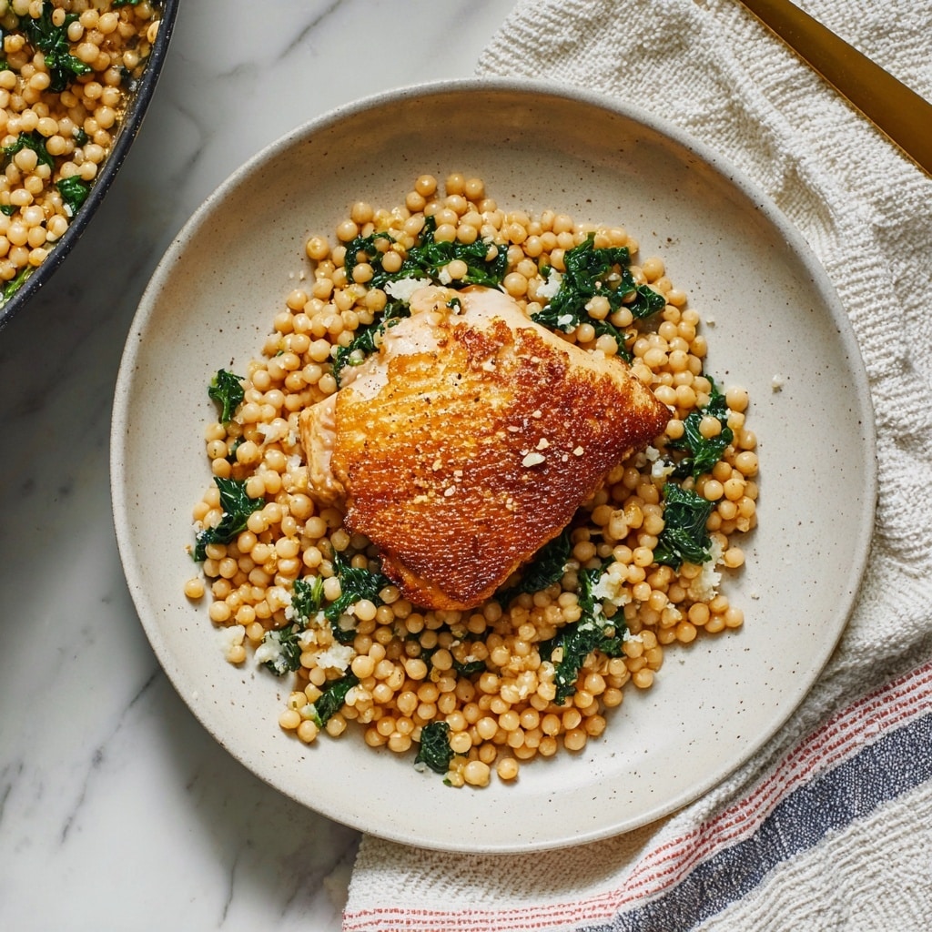 One Pan Creamy Boursin Chicken with Pearl Couscous and Kale Recipe - Recipe Image
