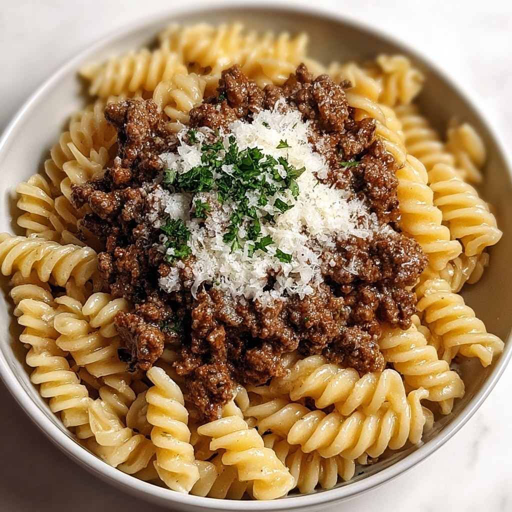 Beef and Rotini in Garlic Parmesan Sauce Recipe - Recipe Image