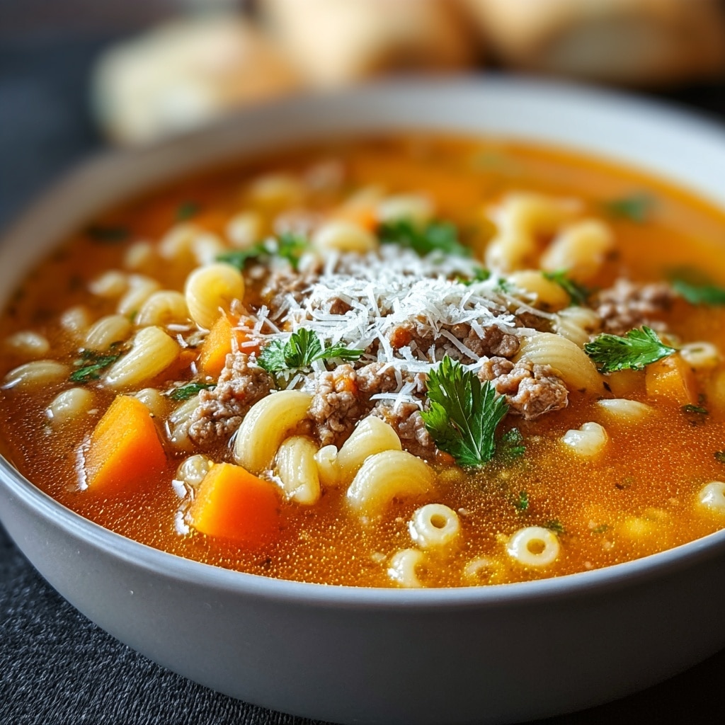 Beef & Tomato Macaroni Soup Recipe - Recipe Image