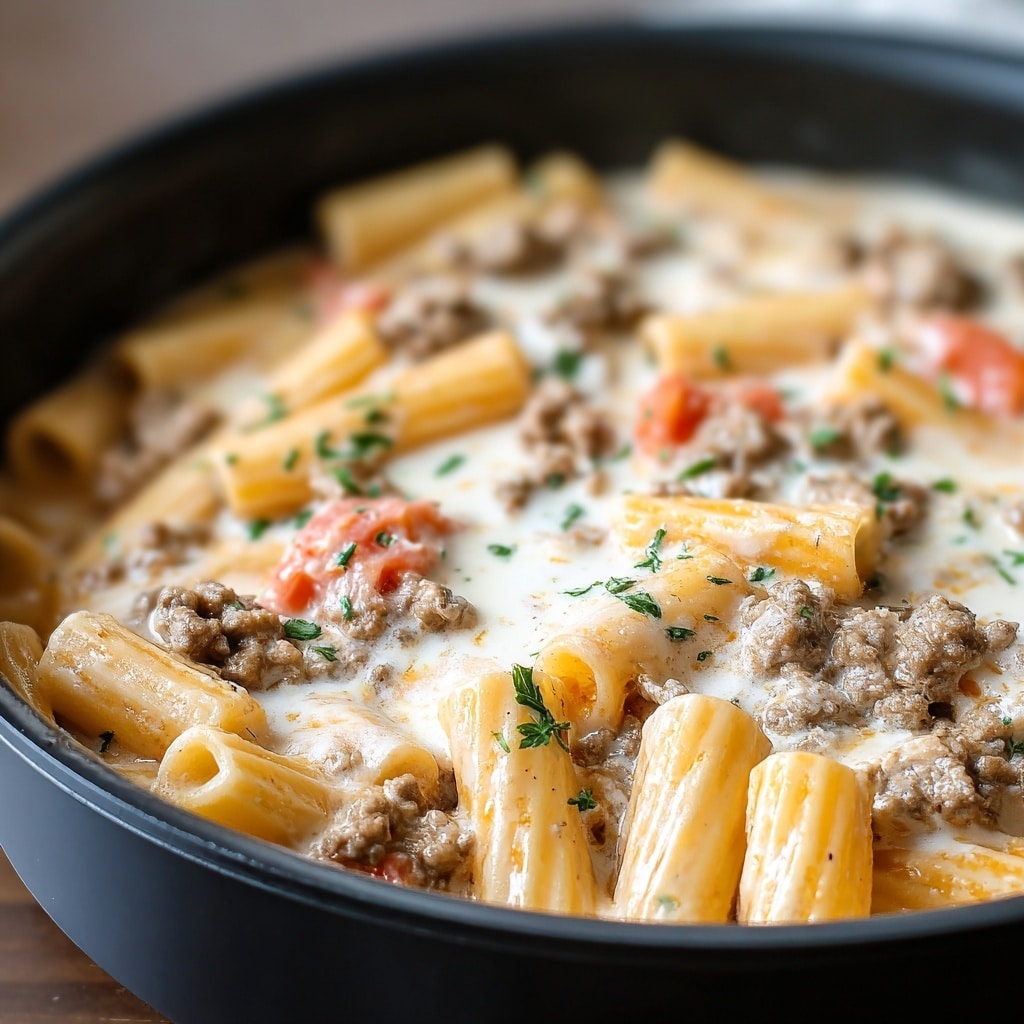 One Pot Creamy Tomato Beef Pasta Recipe - Recipe Image