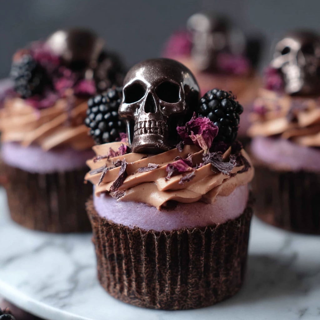 Vegan Halloween Cupcakes with Blackberry Coulis and Chocolate Skull Toppers Recipe - Recipe Image