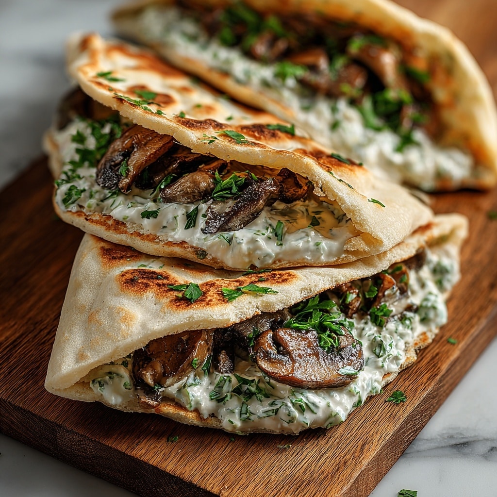 Cheesy Beef and Mushroom Pita Pockets with Tzatziki Sauce Recipe - Recipe Image