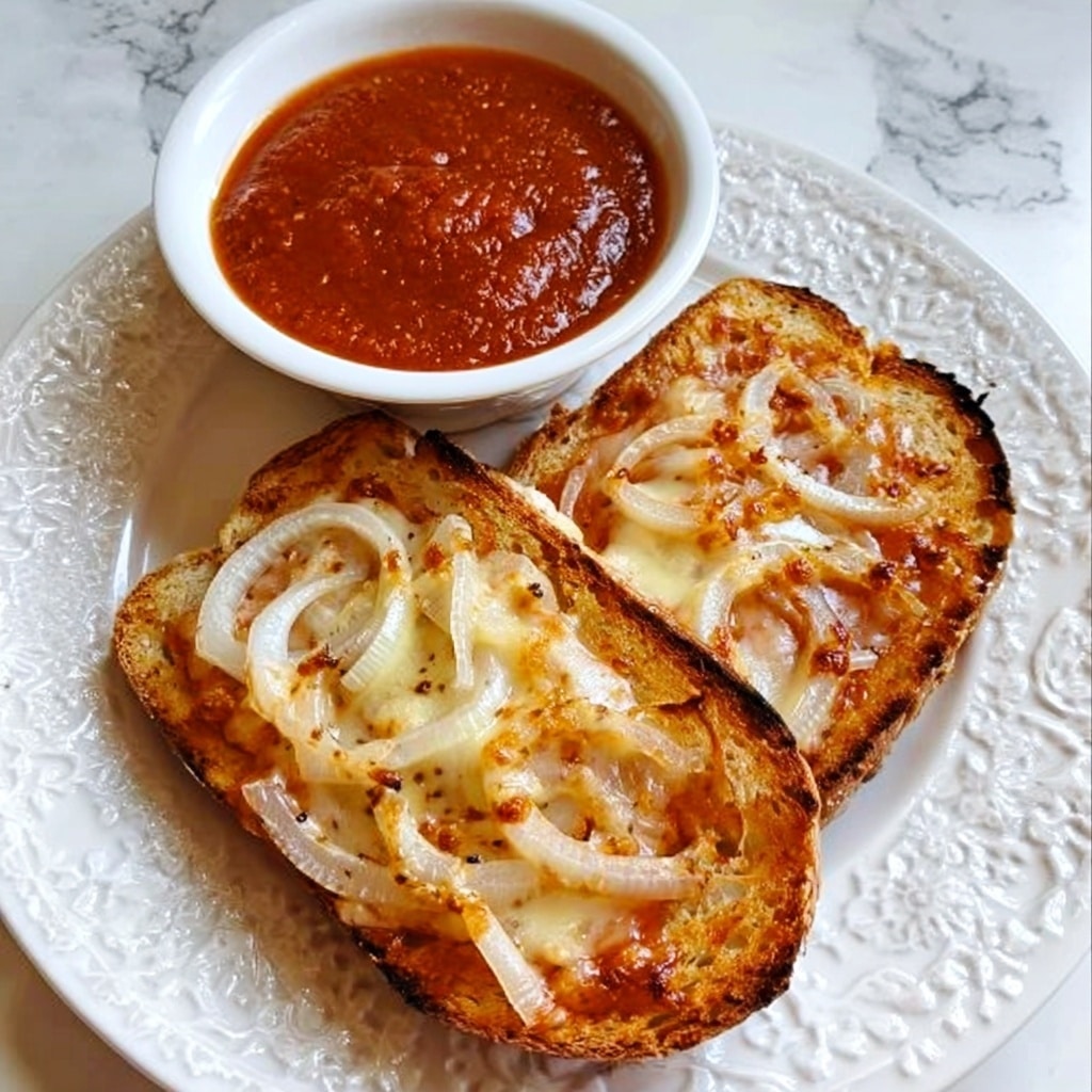 Tomato Soup with Cheese and Onion Toast Recipe - Recipe Image