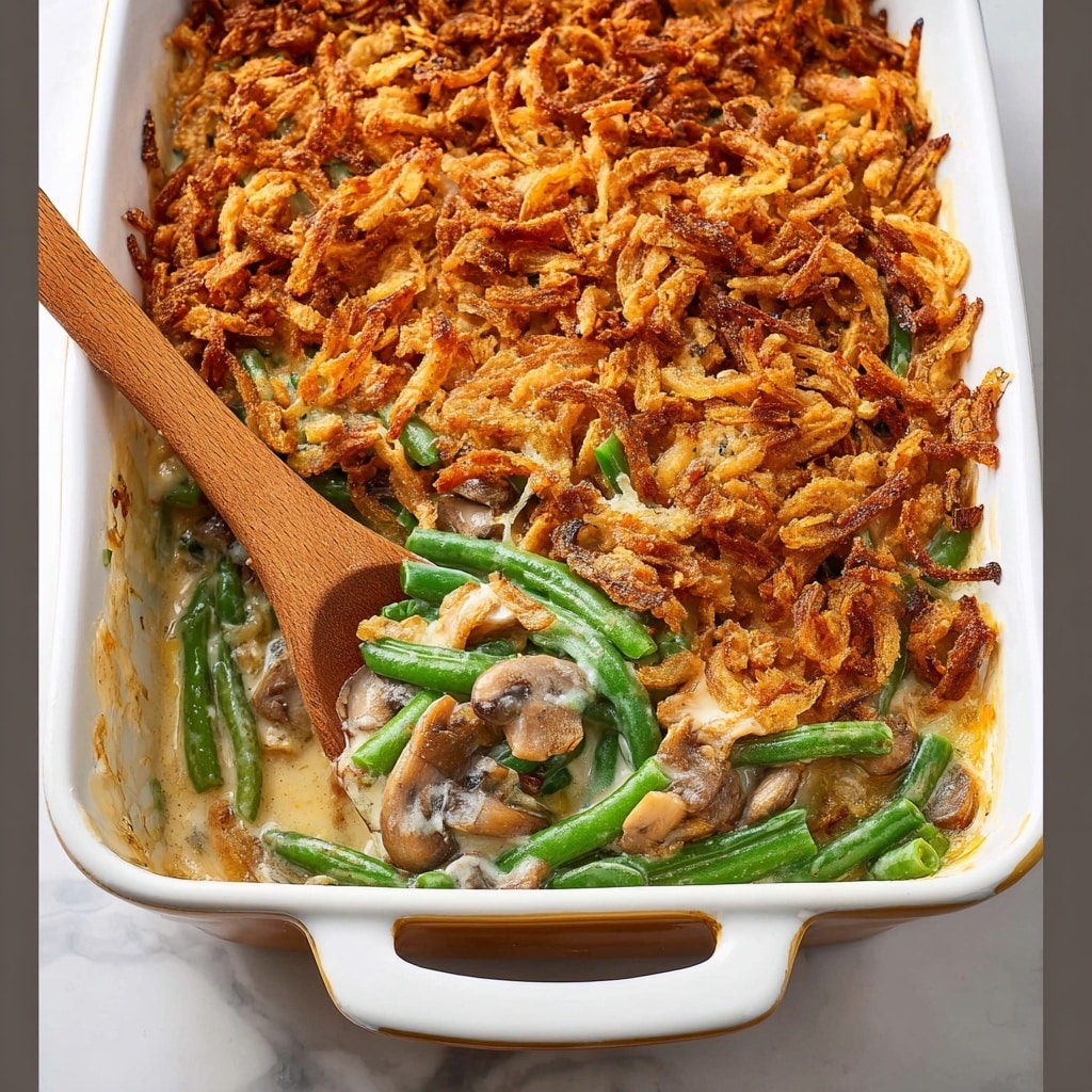 Creamy Green Bean Casserole with Mushrooms and Crispy Fried Onions Recipe
