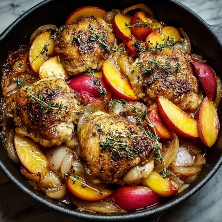 Skillet Roast Chicken with Peaches, Tomatoes, and Red Onion Recipe