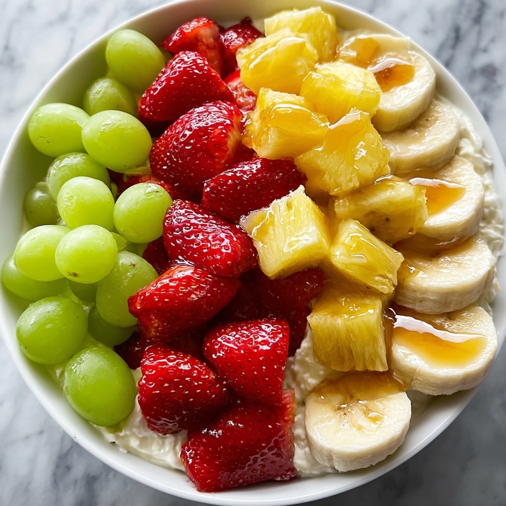 Cheesecake Fruit Salad with Cream Cheese and Caramel Drizzle Recipe