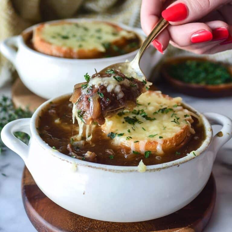 French Onion Beef Soup with Gruyere-Crusted Bread Recipe