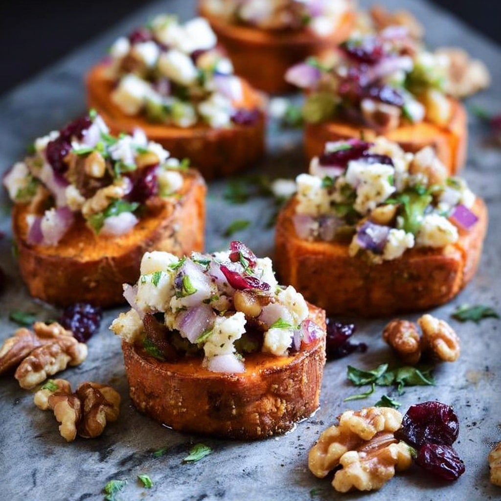 Sweet Potato Rounds with Goat Cheese, Cranberry, Apple, and Pecans Recipe - Recipe Image