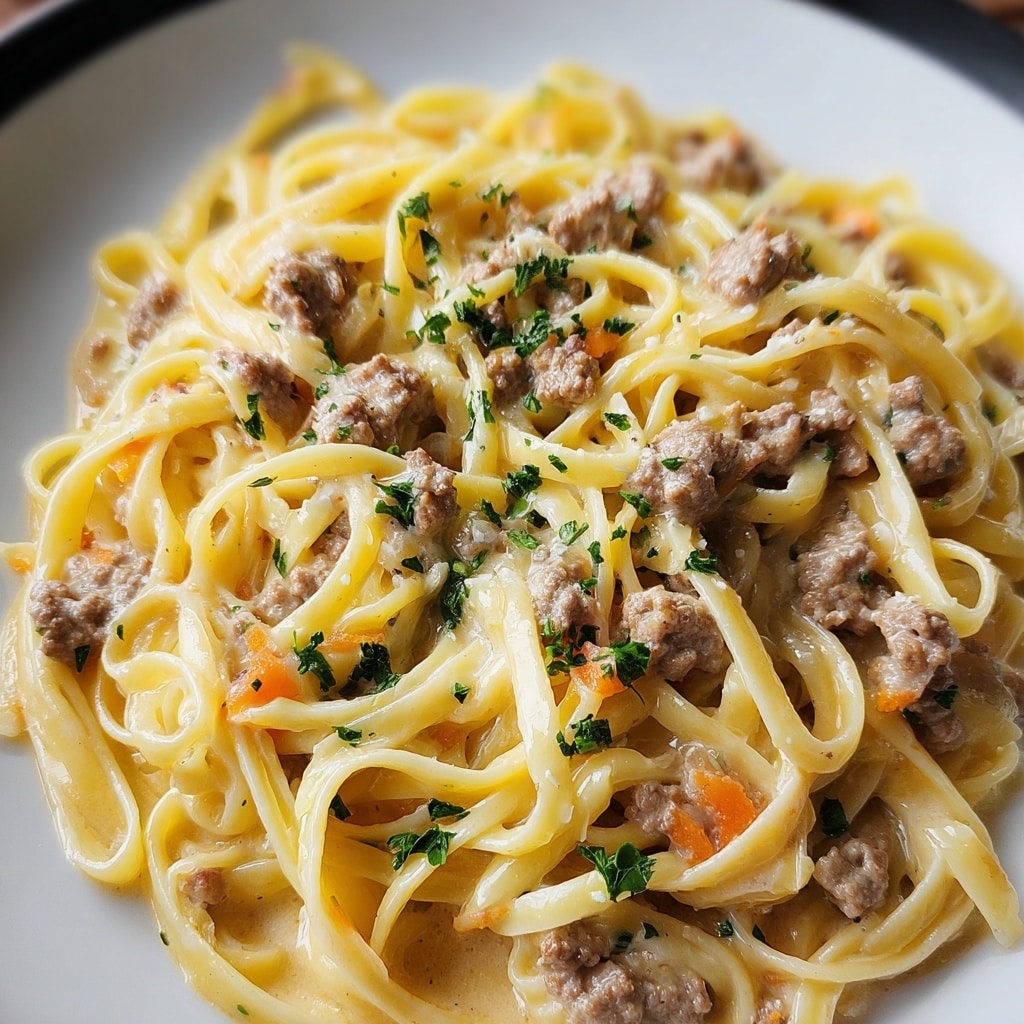 One-Pot Creamy Beef and Garlic Butter Pasta Recipe - Recipe Image