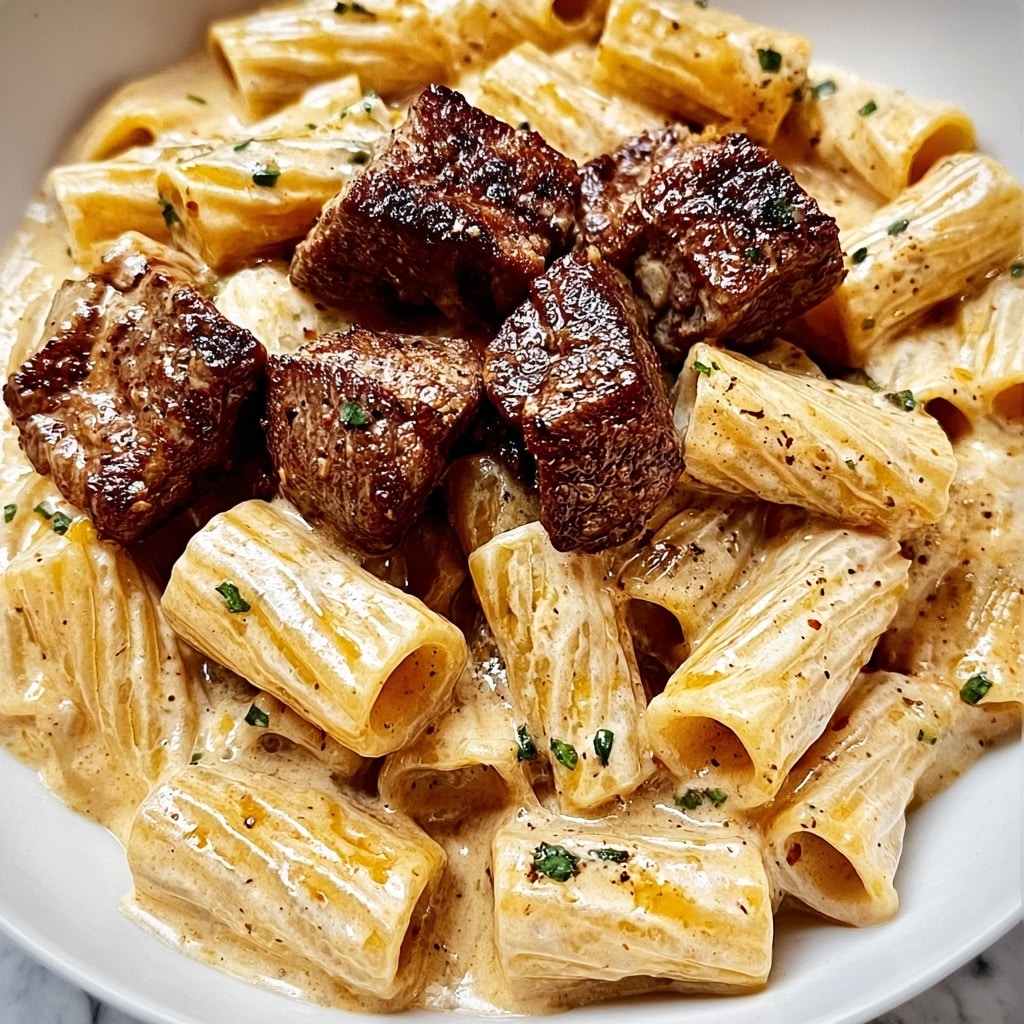 Cajun Steak Tips in Cheesy Rigatoni Parmesan Sauce Recipe - Recipe Image