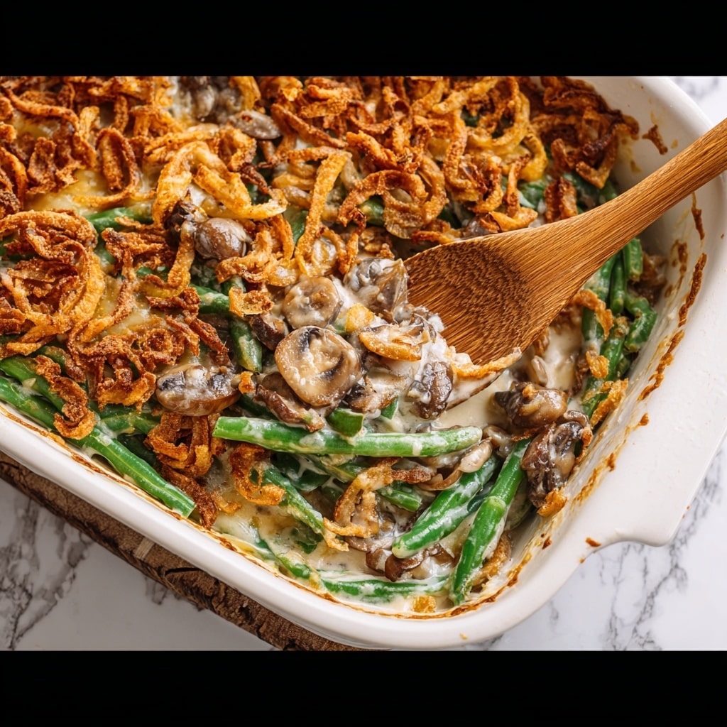 Creamy Green Bean Casserole with Mushrooms and Crispy Fried Onions Recipe - Recipe Image