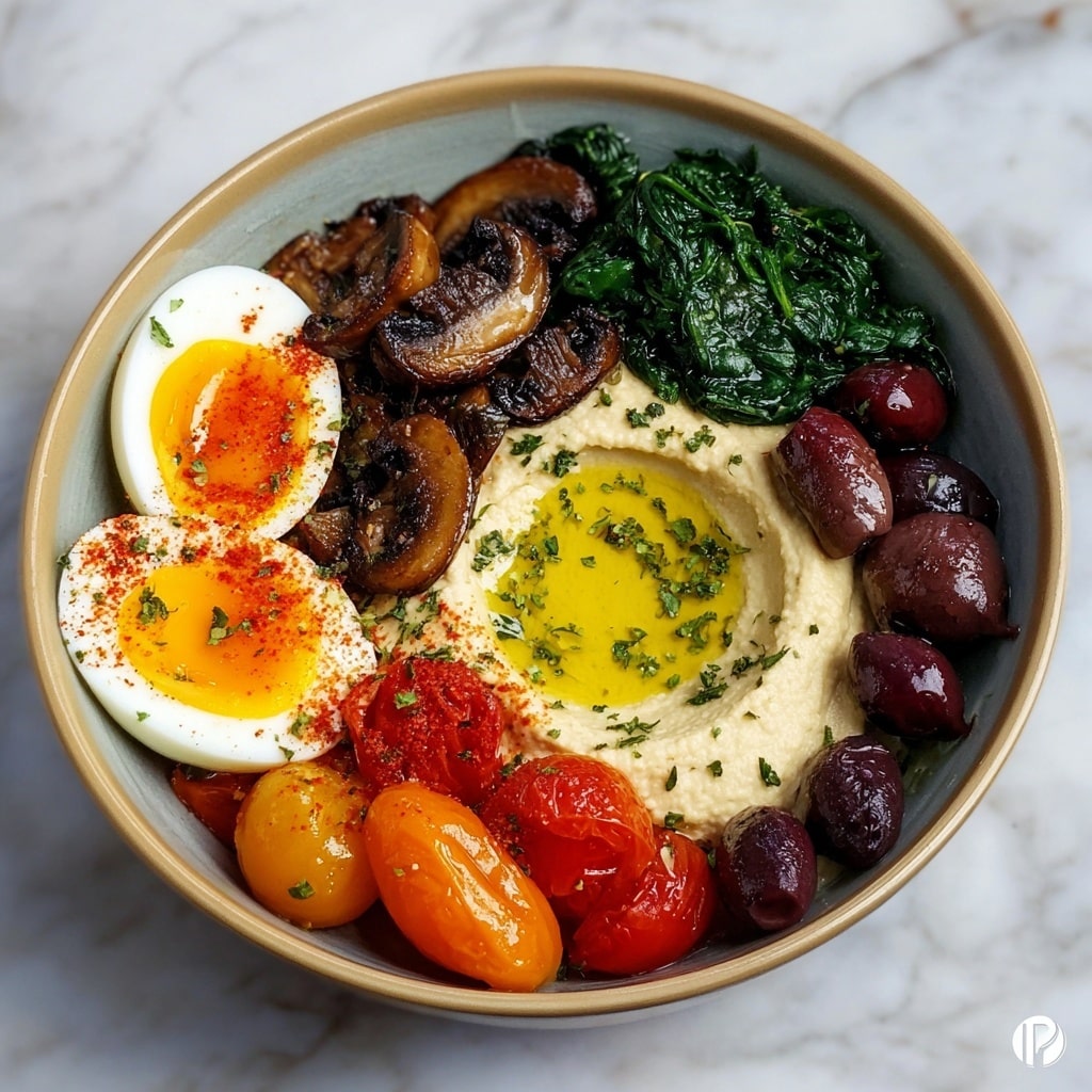 Savory Mushroom, Tomato, Spinach, and Hummus Breakfast Bowls Recipe - Recipe Image