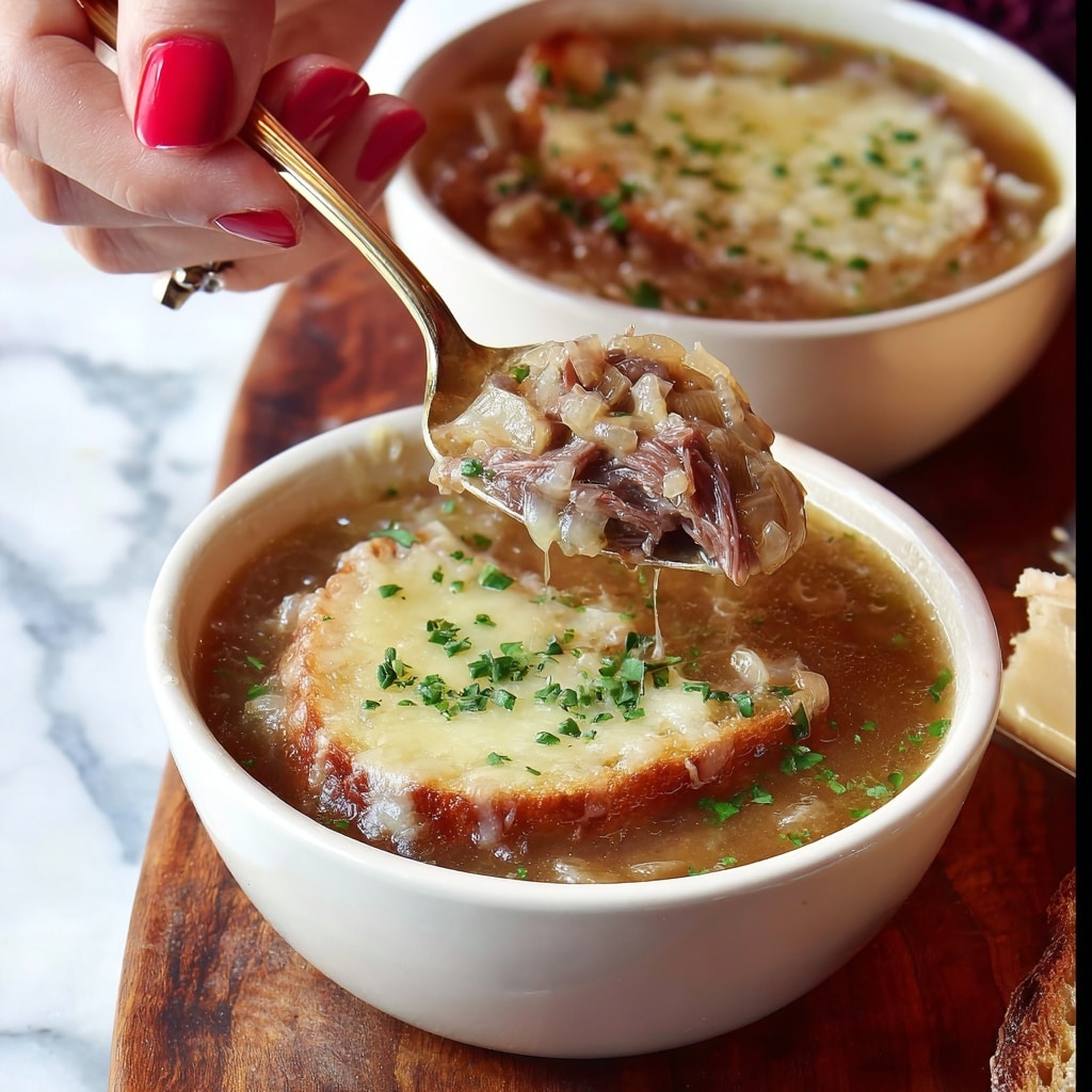 French Onion Beef Soup with Gruyere-Crusted Bread Recipe - Recipe Image
