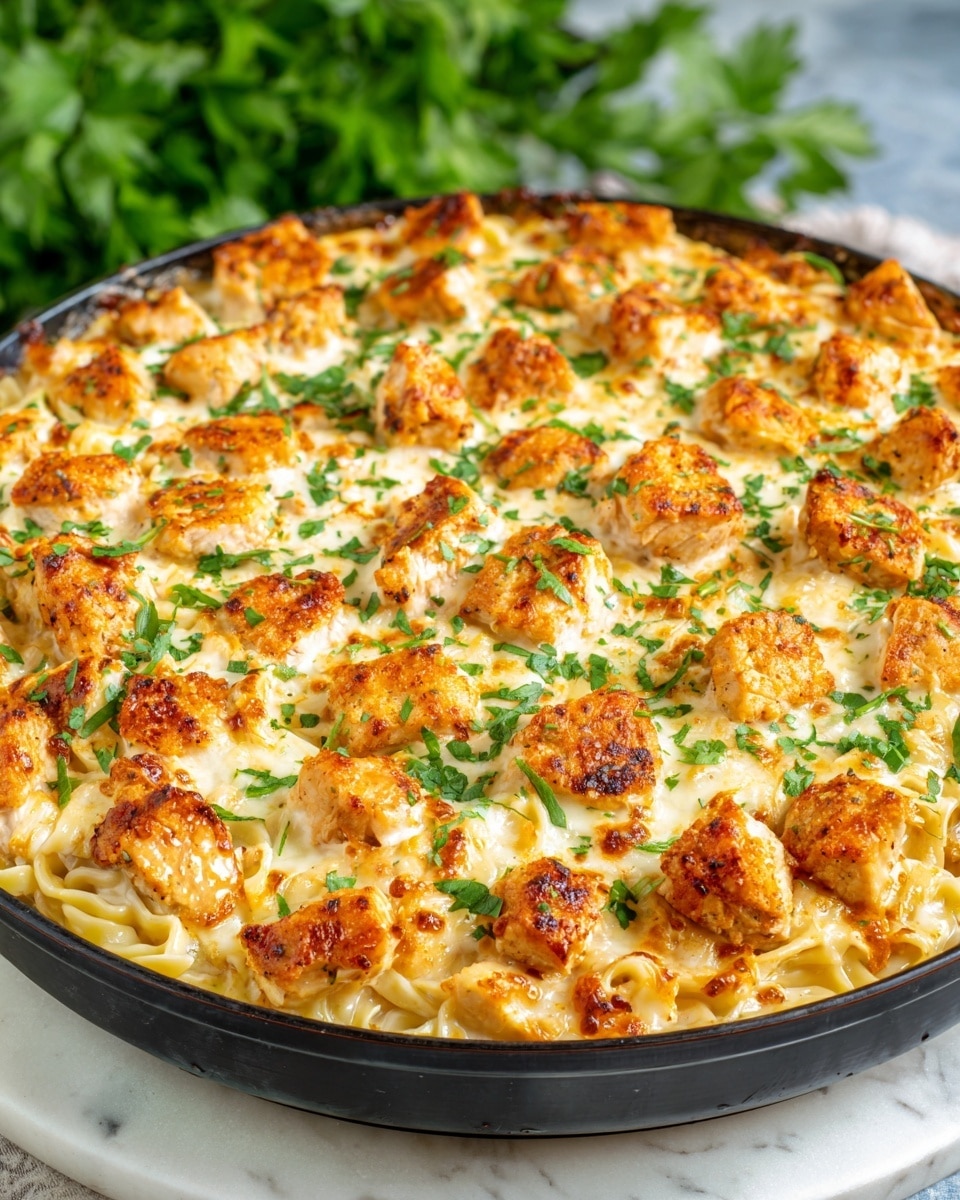 Garlic Butter Chicken Bites with Savory Creamy Parmesan Pasta Recipe - Recipe Image