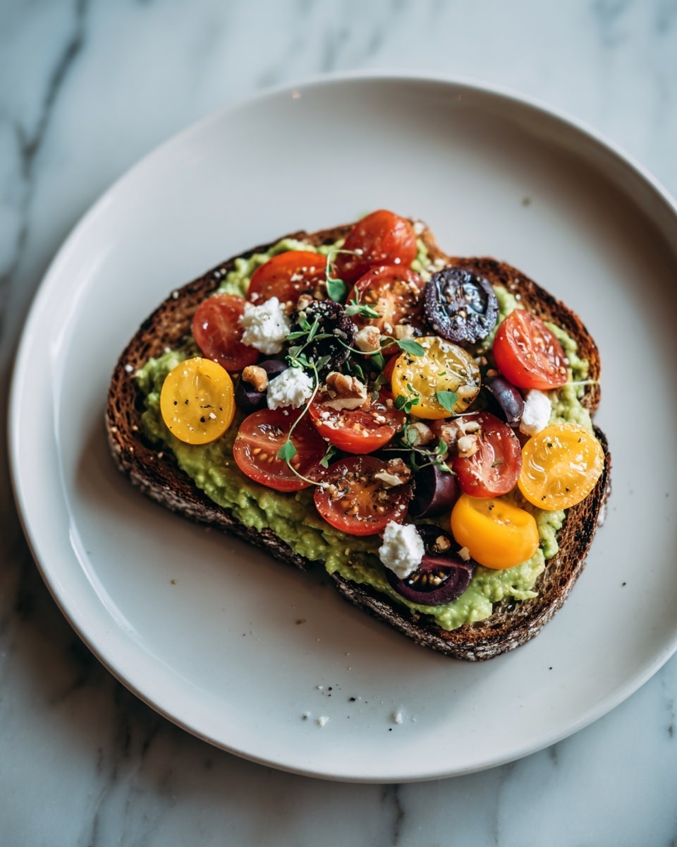 Avocado Toast with Feta, Cherry Tomatoes, Cranberries, and Walnuts Recipe - Recipe Image