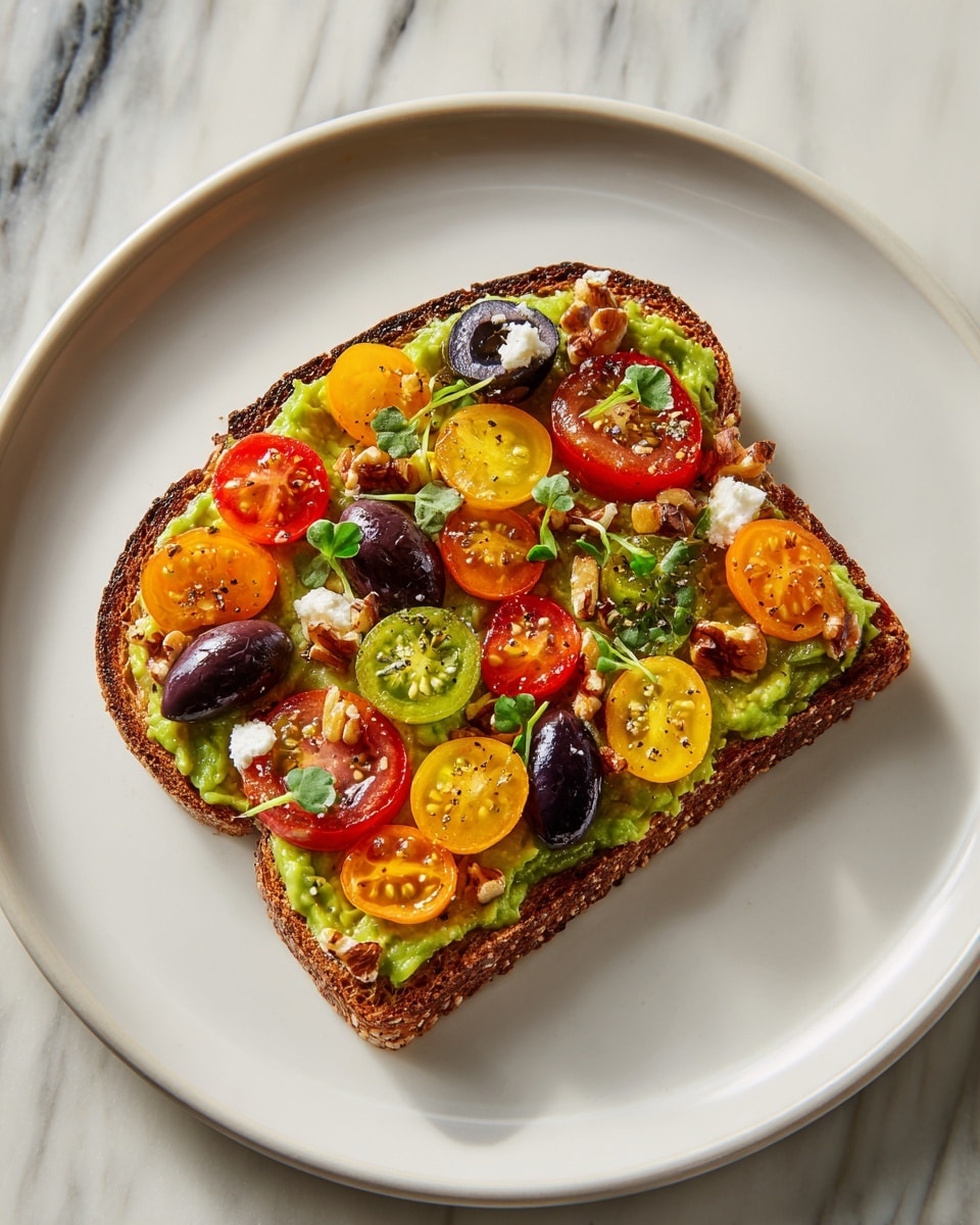 Avocado Toast with Feta, Cherry Tomatoes, Cranberries, and Walnuts Recipe - Recipe Image