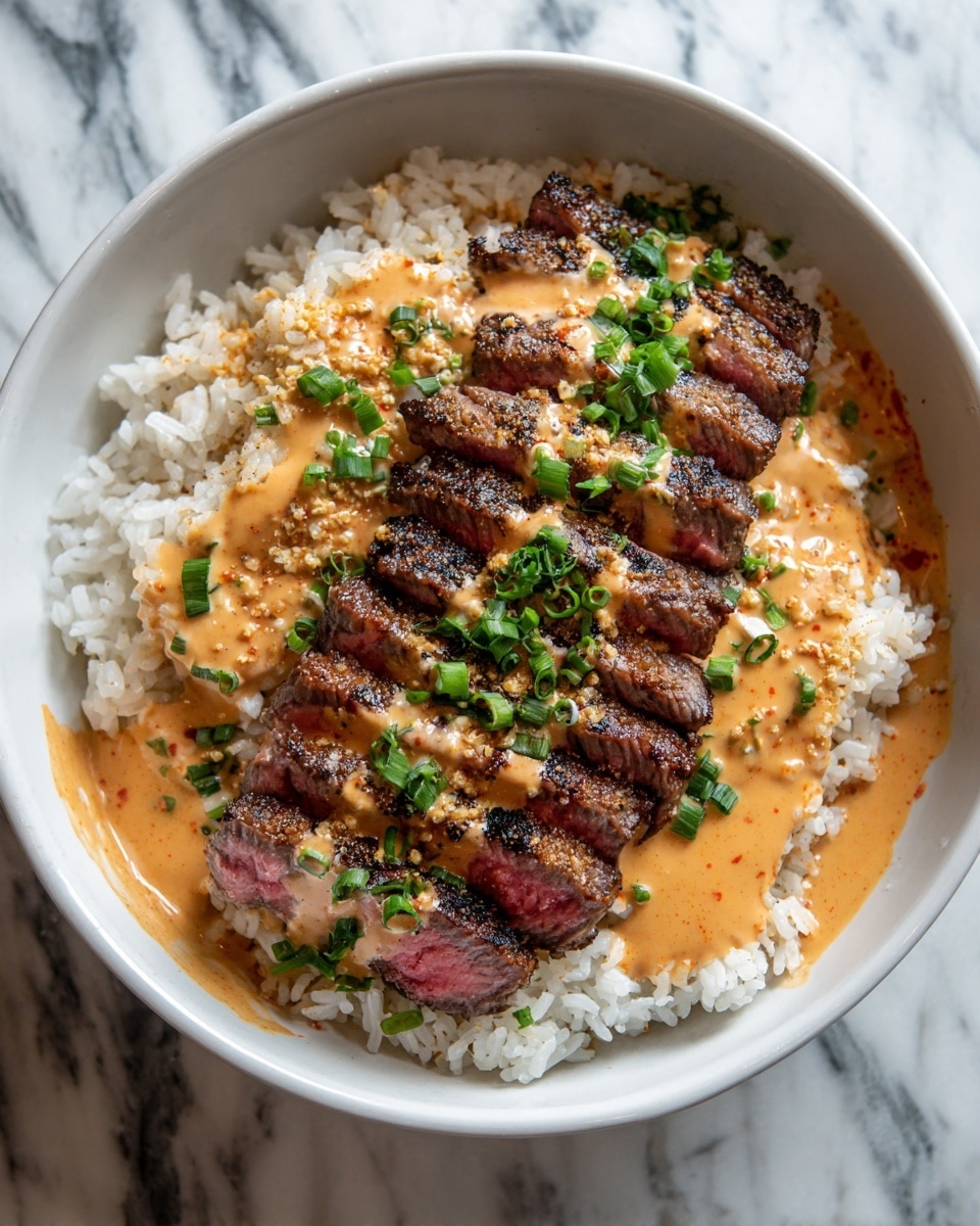 Korean BBQ Steak Rice Bowls with Spicy Cream Sauce Recipe - Recipe Image